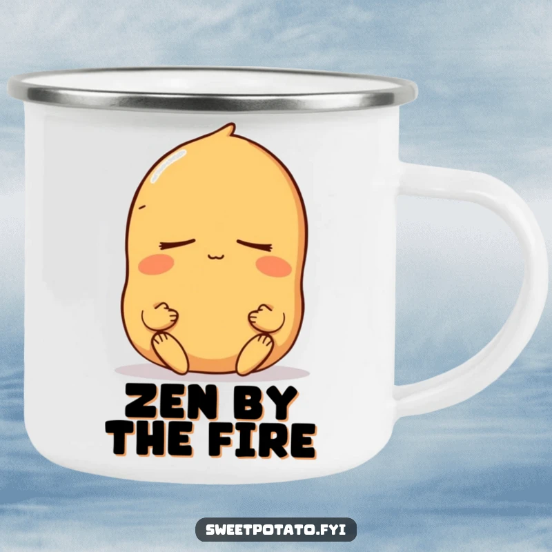 Funny sweet potato camping mug featuring a peaceful meditating character, durable for outdoor use with a serene and humorous design.
