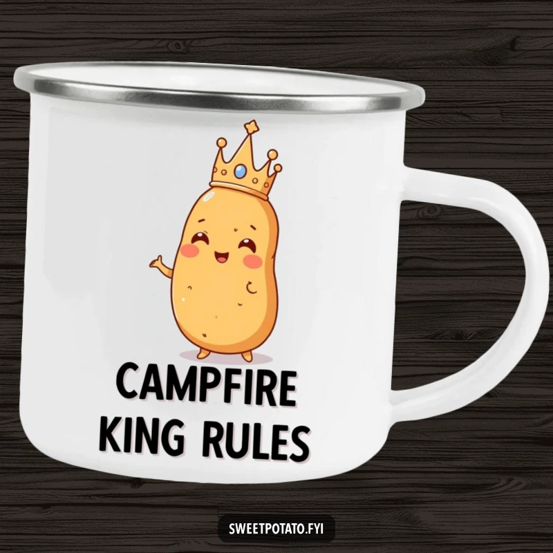Funny camping mug featuring a sweet potato with a crown, striking a regal pose, perfect for outdoor feasts and potato royalty.