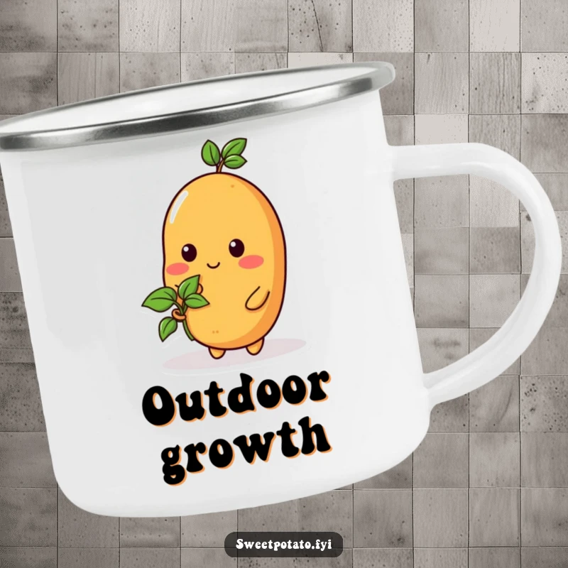 Funny camping mug with a sweet potato character holding a tiny sprout, perfect for outdoor adventures and growth inspiration.