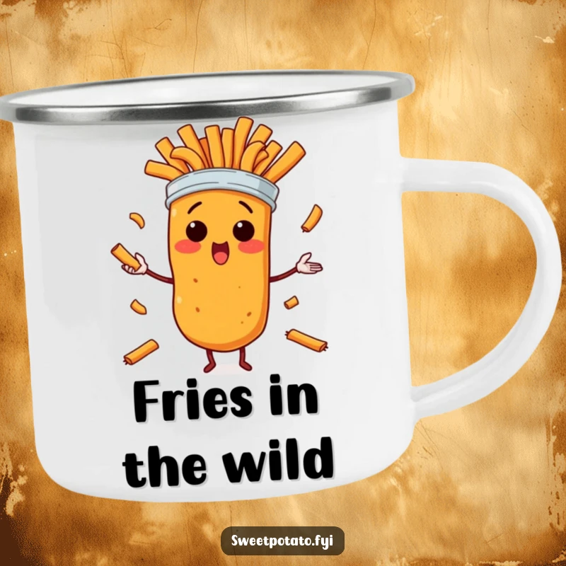 Funny camping mug with a surprised sweet potato character juggling its own fries in a humorous outdoor setting, built for adventure.