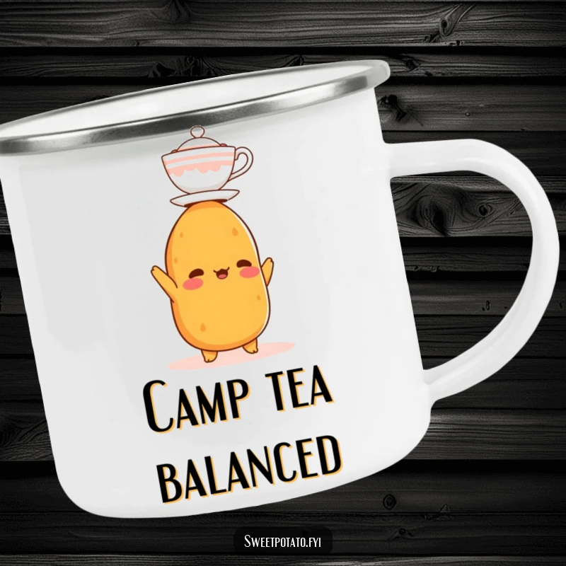 Funny camping mug featuring a sweet potato character balancing a miniature teacup on its head, perfect for humorous outdoor enjoyment.