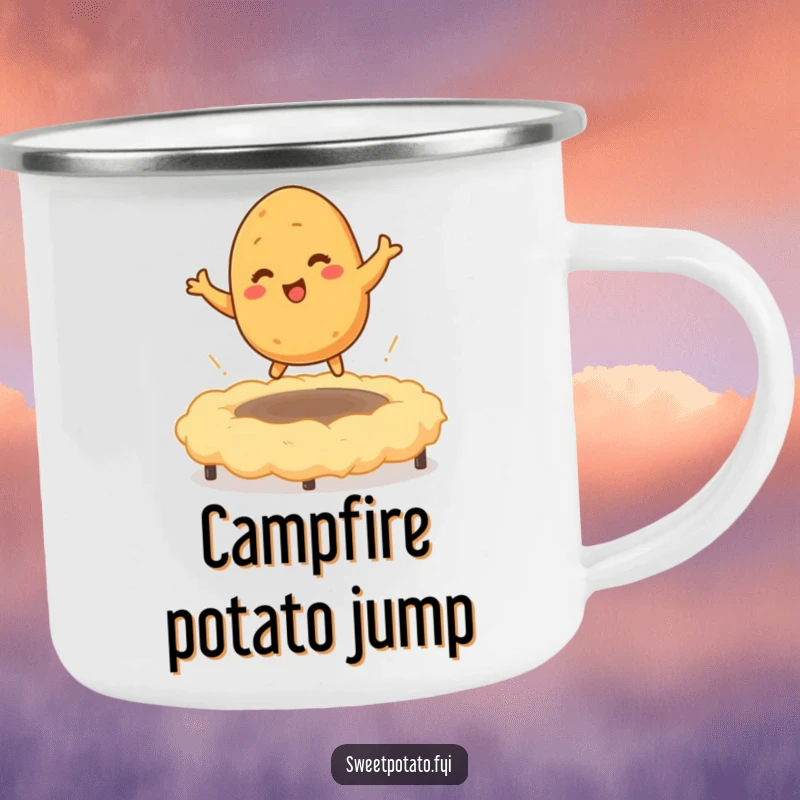 Funny camping mug showcasing a tickled sweet potato character bouncing on a mashed potato trampoline, perfect for enjoying drinks outdoors with comforting humor.