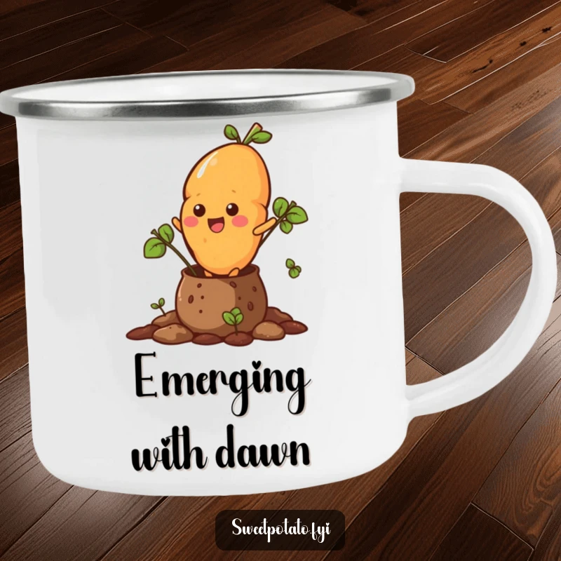 Funny camping mug showing a sweet potato character bursting out of a soil pot, ready for outdoor adventures.