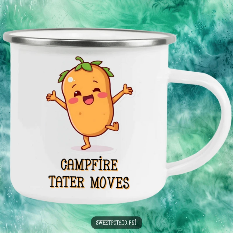 Funny sweet potato camping mug featuring a character joyfully attempting a cartwheel, ready for outdoor fun.