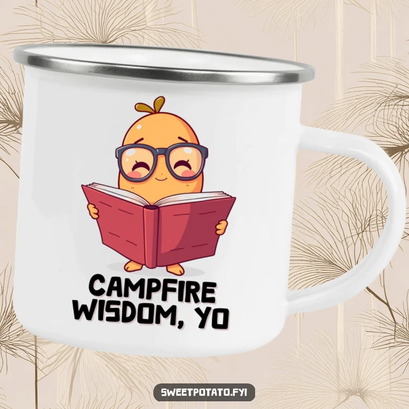 Funny camping mug featuring a sweet potato character with large glasses, reading a massive book, designed for humorous outdoor enjoyment.