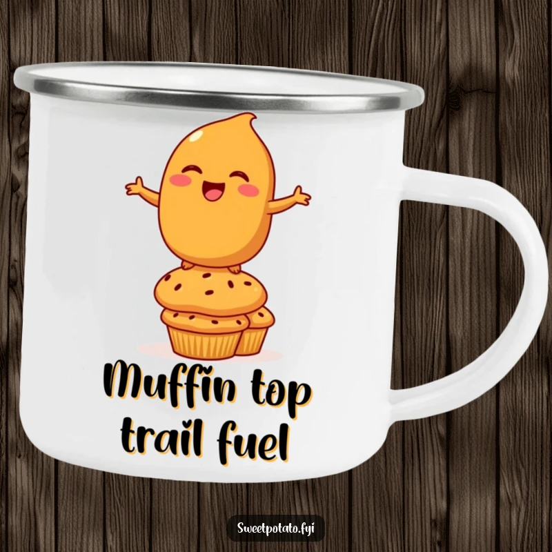 Funny Camping Mug: A sturdy enamel mug with a laughing sweet potato character balancing on muffins, ideal for outdoor enjoyment.