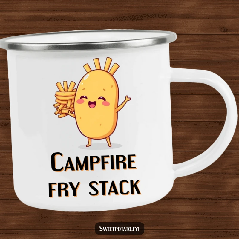 Funny camping mug: A sweet potato character laughs while balancing a stack of french fries, perfect for outdoor enjoyment and hydration.