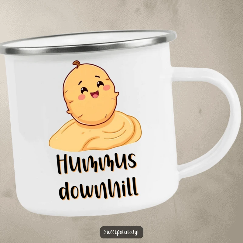 Funny camping mug with a joyful sweet potato character rolling down a delightful hummus slope in the great outdoors.