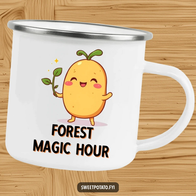 Funny camping mug featuring a pleased sweet potato character performing a magic trick with a sprout, ready for enchantment.