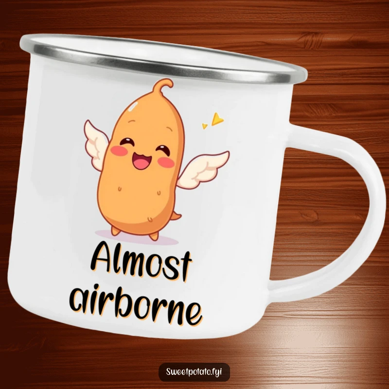 Funny camping mug with a smiling sweet potato character attempting to sprout tiny wings, perfect for adventurous souls dreaming of flight.