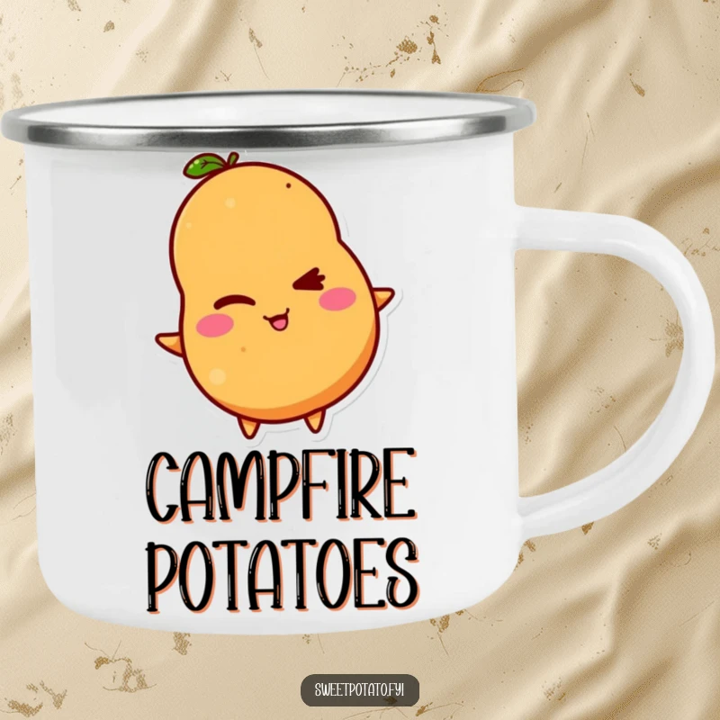 Funny camping mug featuring a sweet potato character winking mischievously, ready for outdoor adventures and laughs.