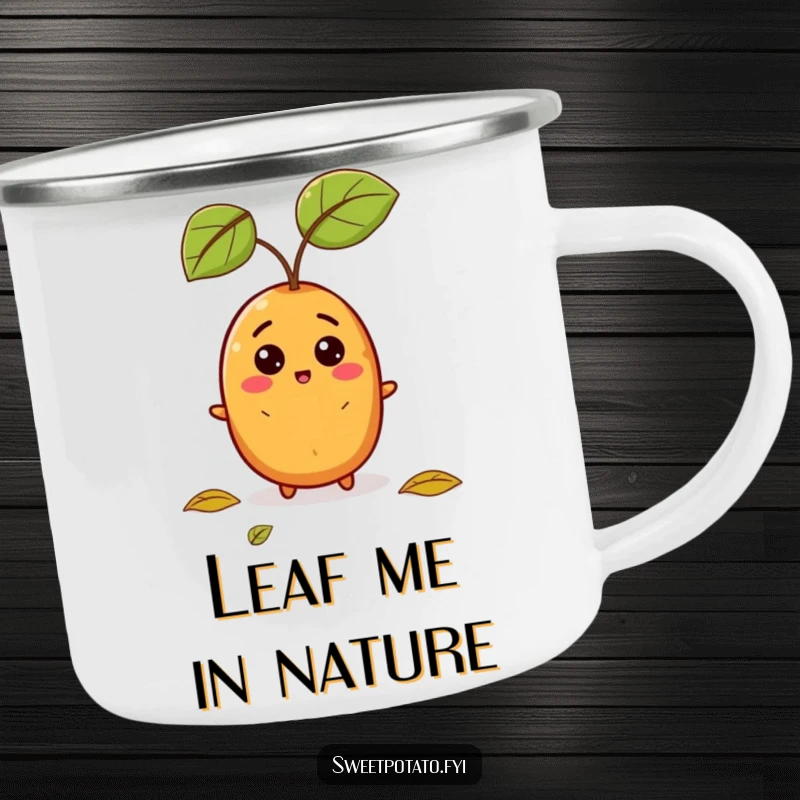 Funny camping mug with a sweet potato character comically surprised by a falling leaf, perfect for outdoor enthusiasts.