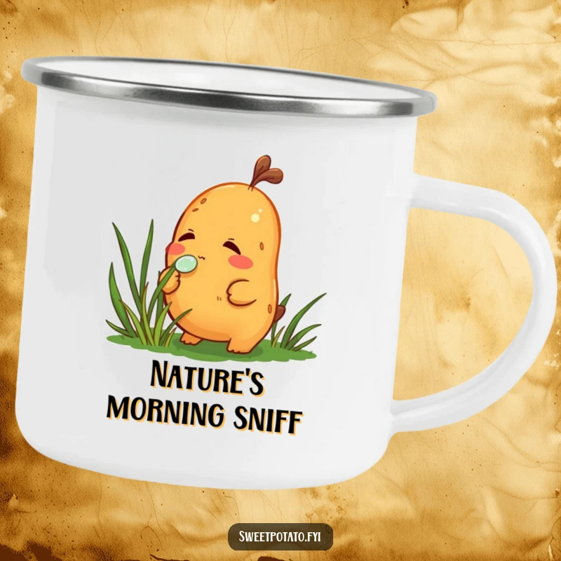 Funny camping mug featuring a curious sweet potato character sniffing a dewdrop on grass during an outdoor nature exploration.