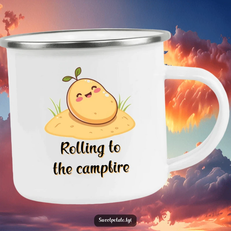 Funny sweet potato camping mug, a sturdy enamel cup with a cartoon sweet potato happily rolling down a sandy hill, perfect for outdoor trips.