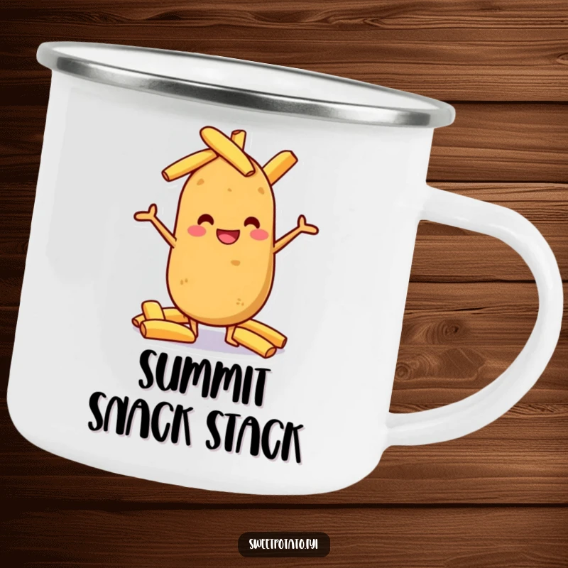 Funny sweet potato grinning, balancing potato wedges, a humorous and durable camping mug.