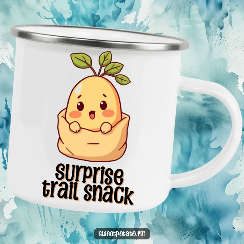 Funny Surprised Sweet Potato Camping Mug showing a sweet potato character peeking with surprise from a potato sack, built for smiles.