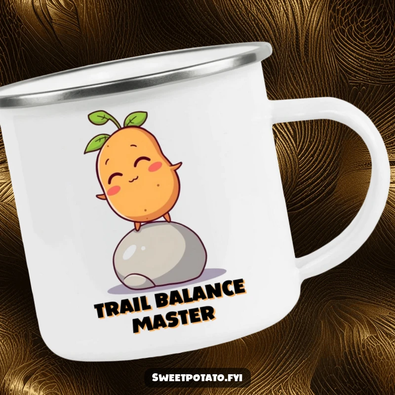 Funny sweet potato character winking and balancing on a pebble, illustrated on an enamel camping mug for outdoor use.