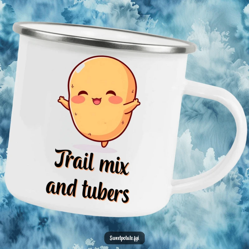 Funny camping mug featuring a rosy-cheeked sweet potato mid-jump, perfect for outdoor adventures and spud-themed merriment.