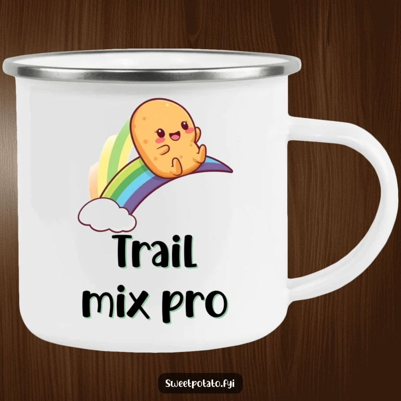 Funny camping mug featuring a sweet potato character sliding down a rainbow, perfect for humorous outdoor trips.
