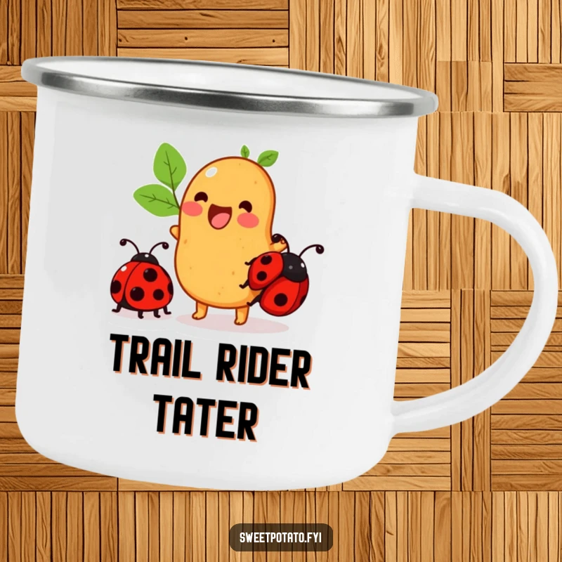 Funny sweet potato camping mug featuring a character excitedly trying to ride a ladybug, ready for outdoor fun.