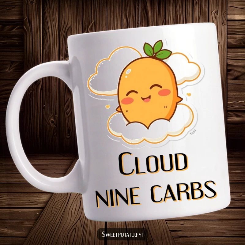 Funny mug featuring a winking cartoon sweet potato character happily riding on a fluffy, smiling cloud against a blue sky.