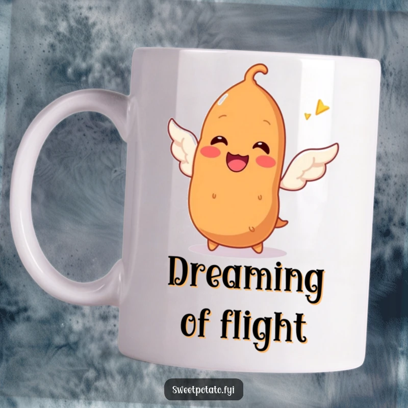 Funny mug featuring a smiling sweet potato character with determination, attempting to sprout tiny, whimsical wings, embodying pure, hopeful ambition.