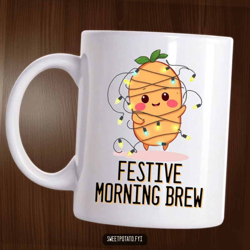 Funny mug showing a sweet potato character hilariously entangled in a string of twinkling fairy lights, looking comically bewildered.