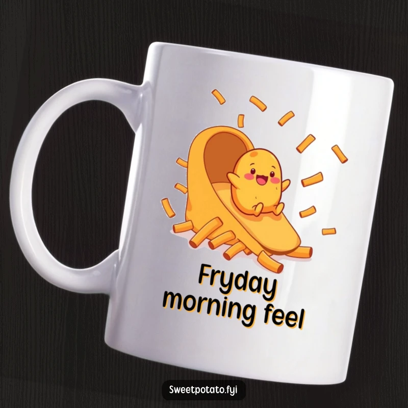 Funny mug showing a cheerful sweet potato character happily sliding down a chute constructed entirely of sweet potato fries.