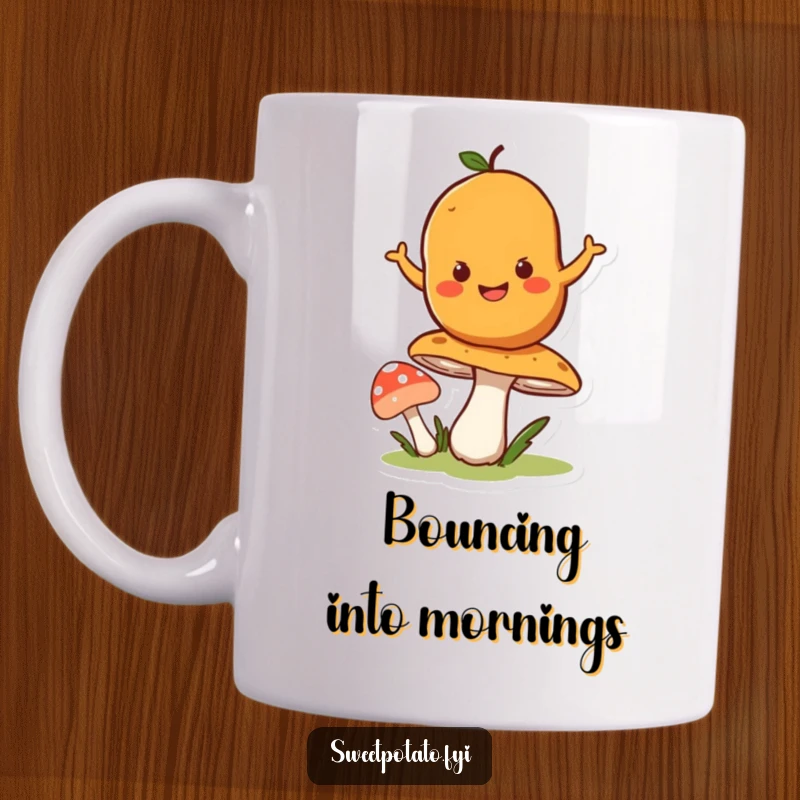 Funny mug showing a happy sweet potato character bouncing gleefully on a springy mushroom, radiating pure joy.