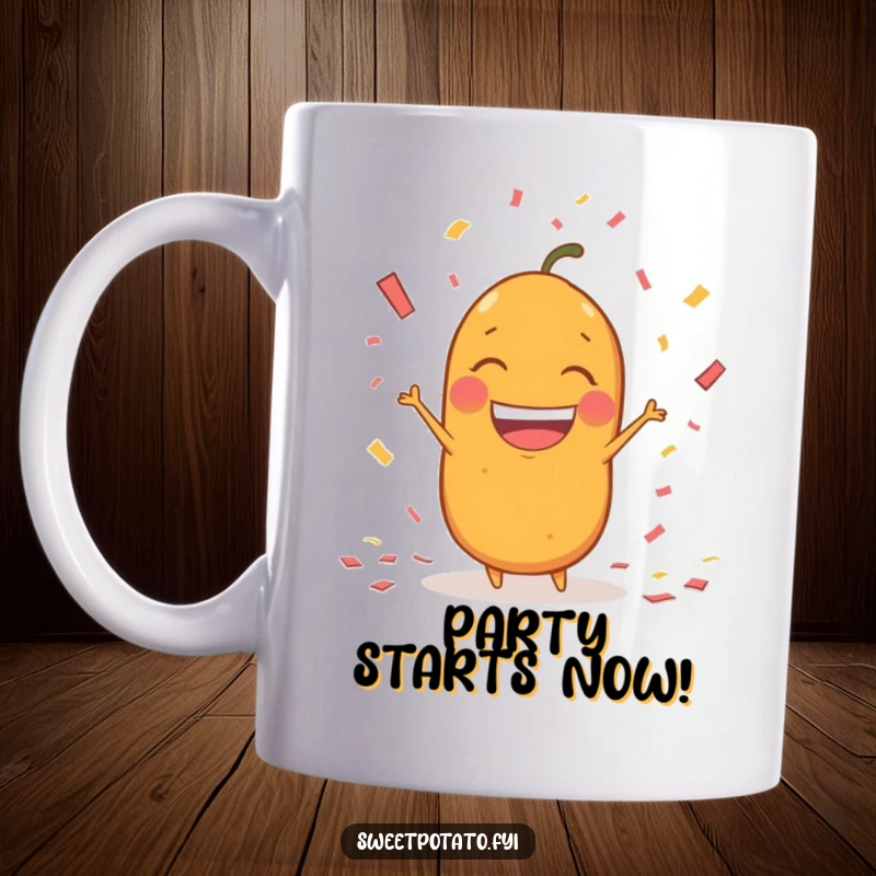 Funny sweet potato character mug, throwing confetti with a huge, excited grin, embodying pure celebratory joy.