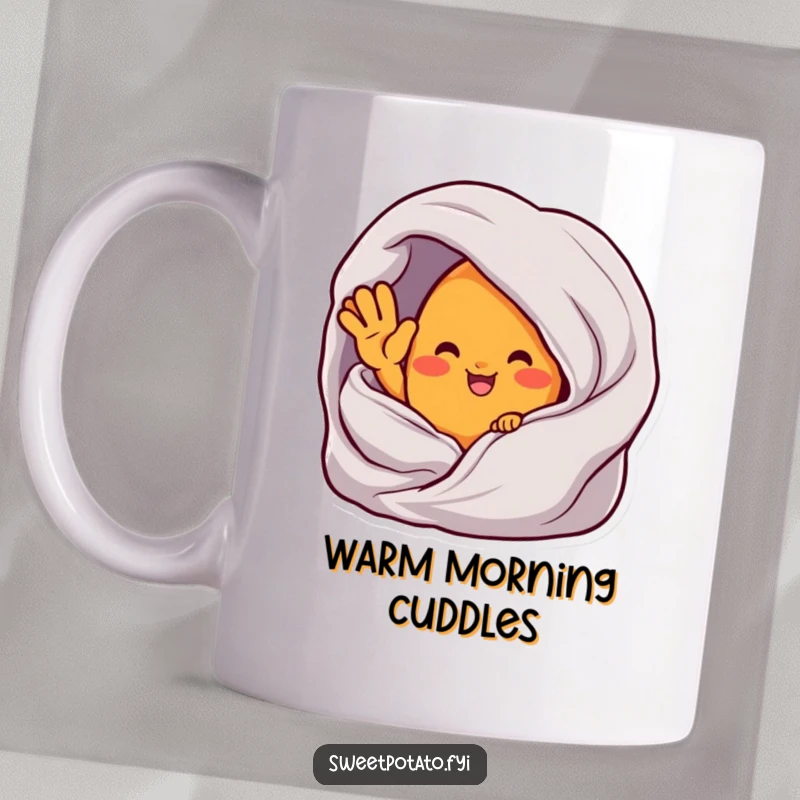 Funny mug showing a sweet potato character happily waving from within a cozy blanket, perfect for comfort lovers.