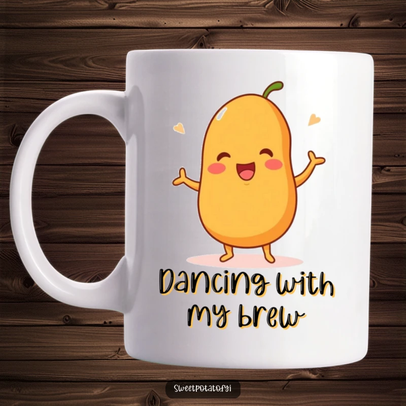 Funny mug featuring a sweet potato character joyfully doing a happy dance, radiating pure, infectious excitement.