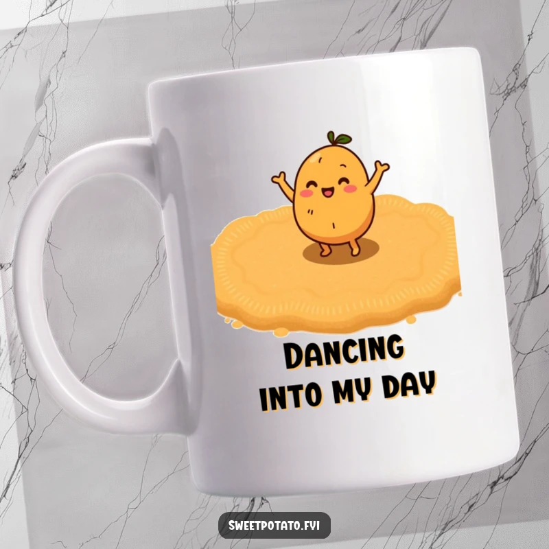 Funny sweet potato character doing a happy little dance on a soft bed of brown sugar, a joyful mug design.