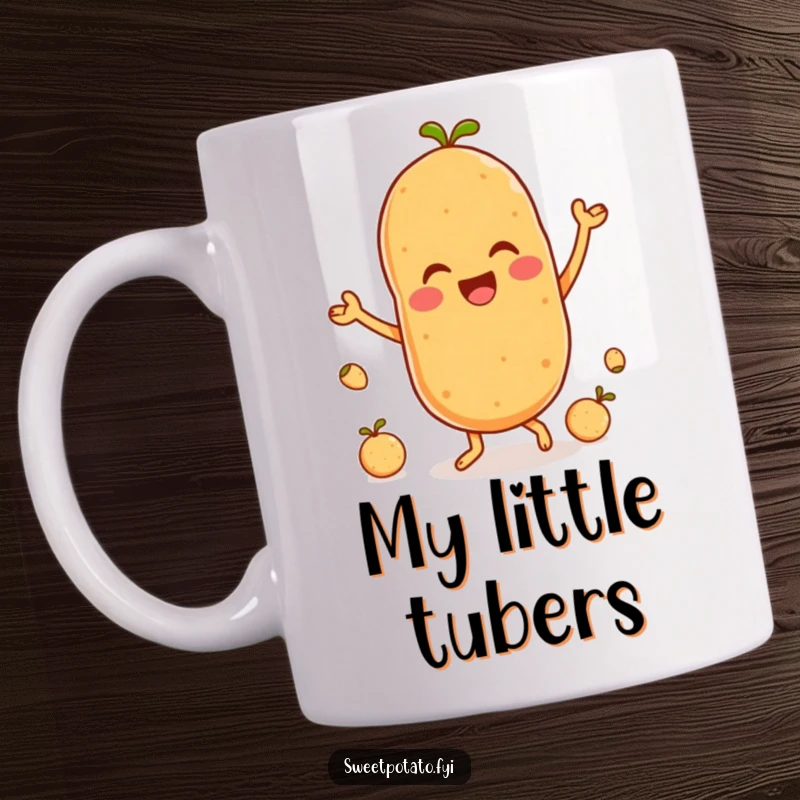 Funny mug showing a delighted sweet potato character joyfully dancing with several small, cute baby spuds, full of energy.