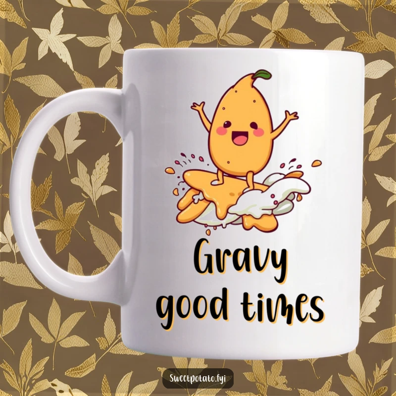 Funny mug featuring a delighted cartoon sweet potato character surfing with glee on a smooth, flowing wave of savory gravy.