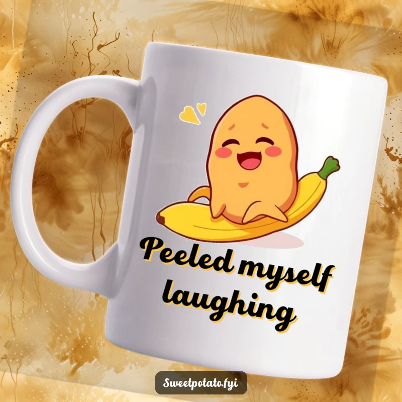 Funny sweet potato character slipping on a banana peel while laughing heartily, a comical and relatable design.