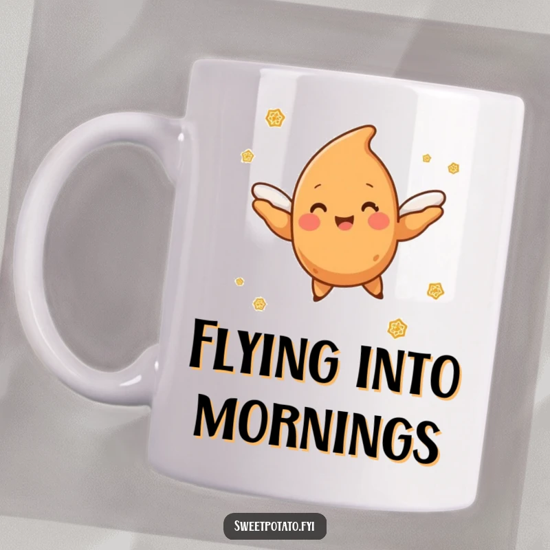 Funny sweet potato character with tiny wings joyfully flying through a cloud of sparkling cinnamon sugar, a whimsical mug.