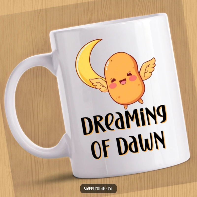 Funny sweet potato character mug, sprouting wings and joyfully flying towards a luminous crescent moon, whimsical and inspiring.