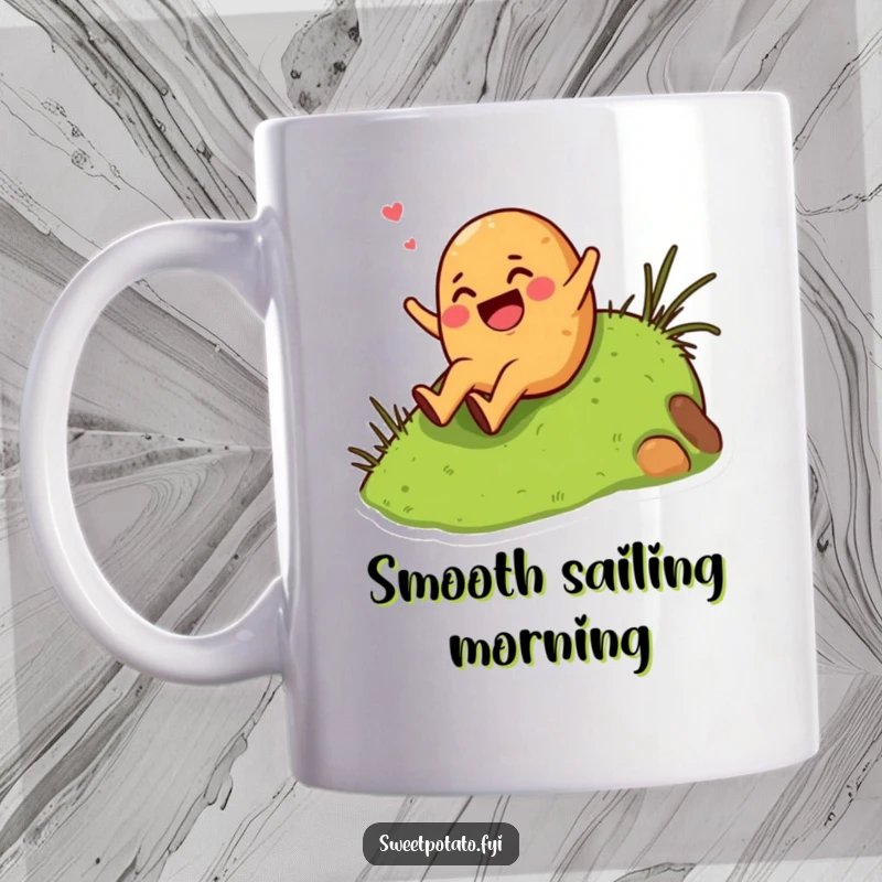 Funny giggling sweet potato character enthusiastically sliding down a green grassy hill, on a humorous mug.