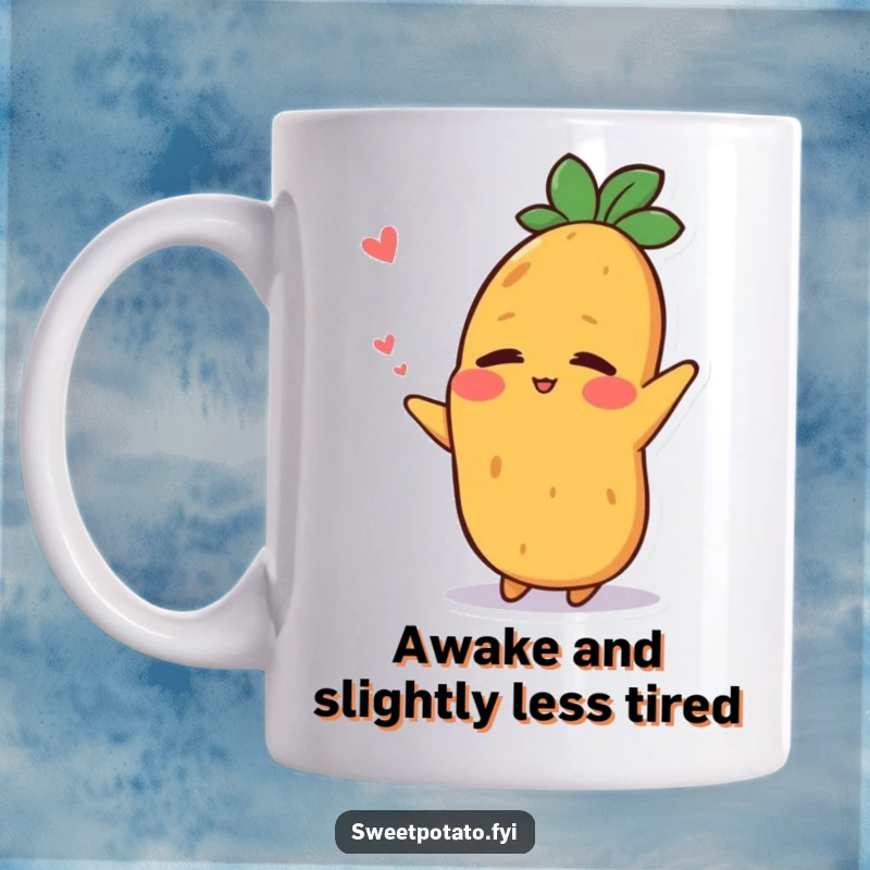 Funny mug showing a sweet potato character stretching with a relieved smile after a nap, perfect for relaxation.
