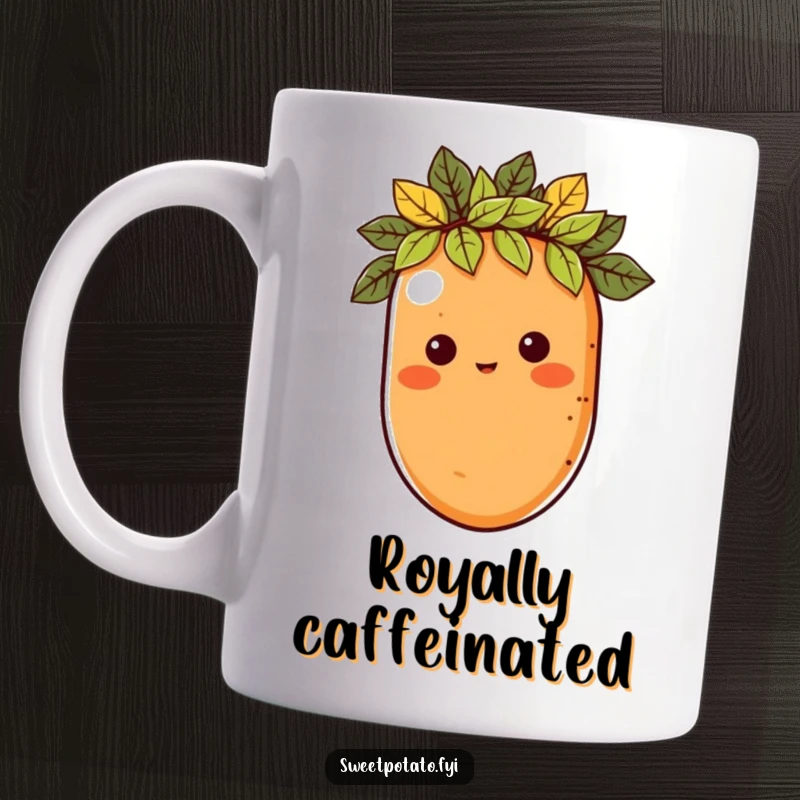 Funny mug featuring a sweet potato character proudly wearing a crown made of green leaves, looking regal.
