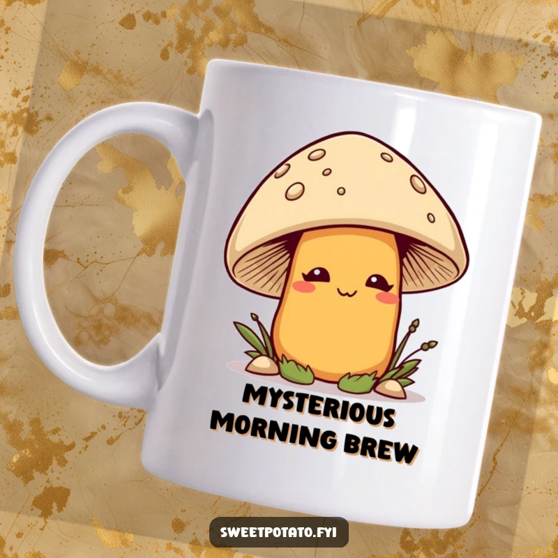 Funny smirking sweet potato character playfully peeking out from behind a large red and white mushroom, on a humorous mug.