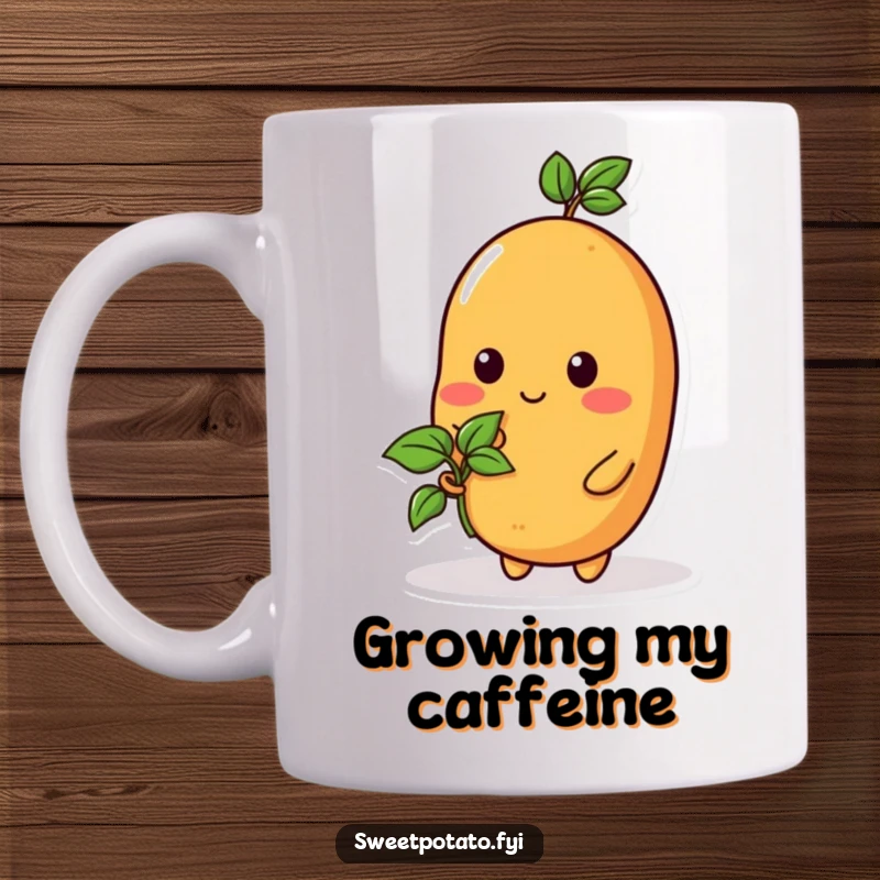 Funny mug with a sweet potato character tenderly holding a tiny sprout, symbolizing new life and gentle care.