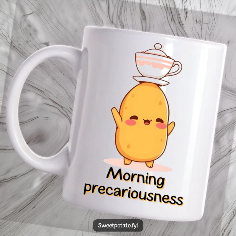 Funny mug showing a sweet potato character precariously balancing a small teacup on its head, looking focused and comical.