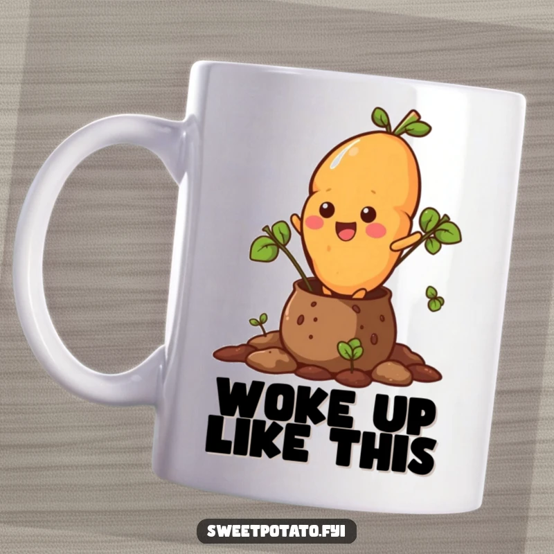 Funny mug featuring a sweet potato character dramatically bursting out of a soil pot, looking playful and energetic.