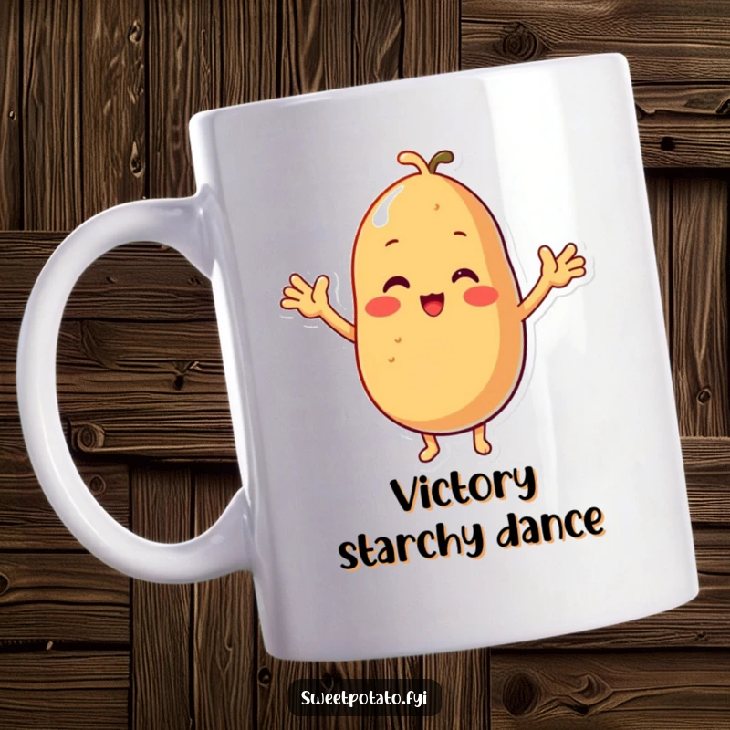 Funny mug featuring a cute sweet potato character with incredibly tiny arms, joyfully cheering with an energetic pose.