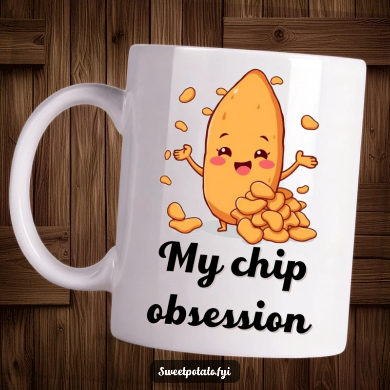 Funny sweet potato character beaming with pride while presenting a giant pile of delicious sweet potato chips, a triumphant mug.
