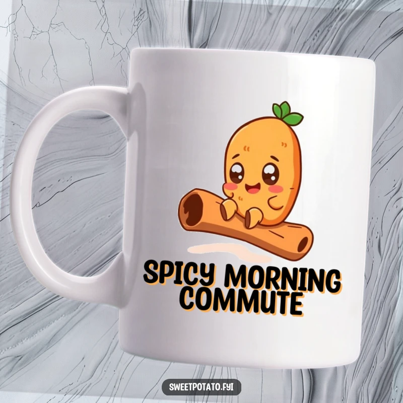 Funny mug showing a wide-eyed sweet potato character joyfully sliding down a giant, textured cinnamon stick, embodying pure, spicy excitement.