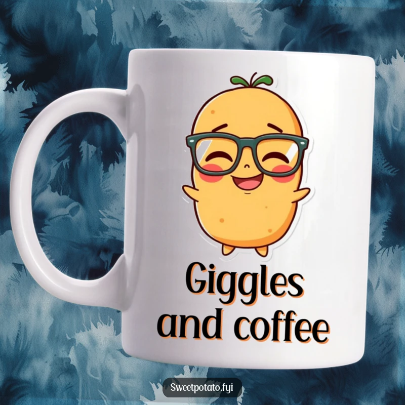 Funny mug featuring an intelligent-looking sweet potato character wearing glasses and giggling with delight.