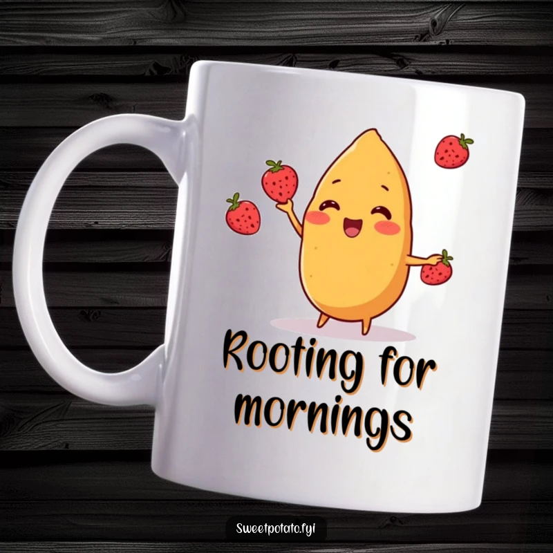 Funny sweet potato character cheerfully juggling three small berries on a mug, a charming and humorous design, a funny gift.